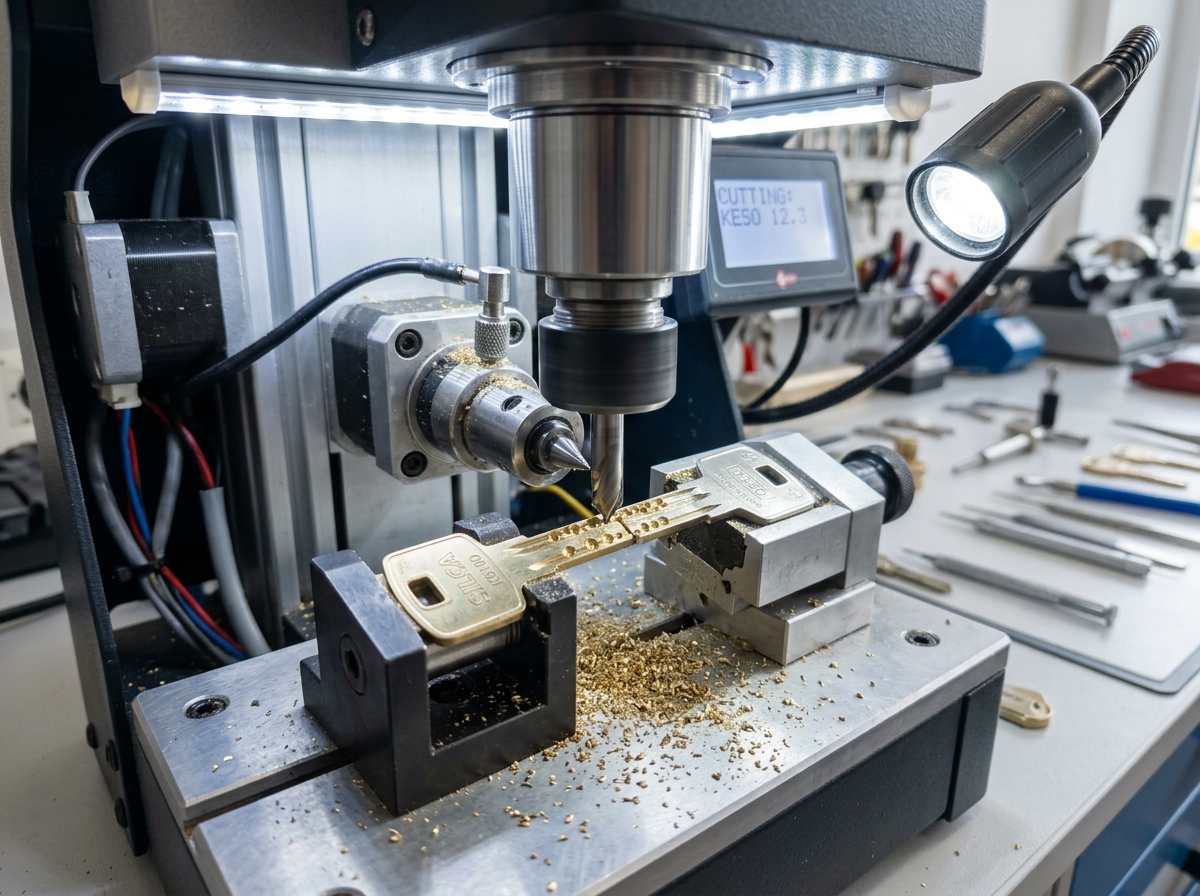 Craftsman locksmith duplicating high security key on precision machine in Dubai workshop